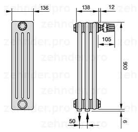 Схема (чертеж) Радиатор Zehnder Charleston 4090/3 №V008 Белый глянцевый RAL 9016